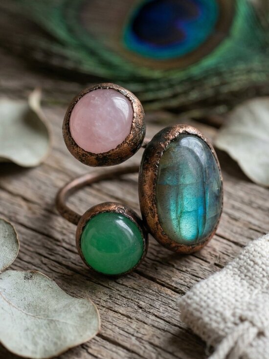 NKULTD Jewelry - Boho Copper Ring Rose Quartz Aventurine Labradorite Adjustable Healing Crystal